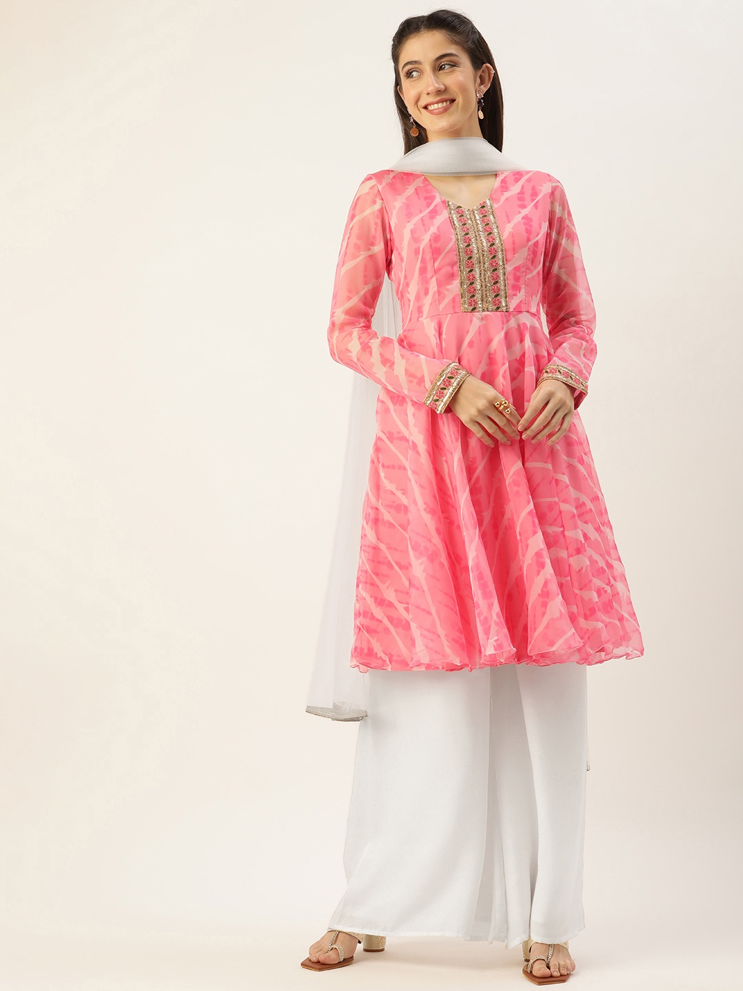 

Ethnovog Women Pink Floral Yoke Design Kurta with Palazzos With Dupatta