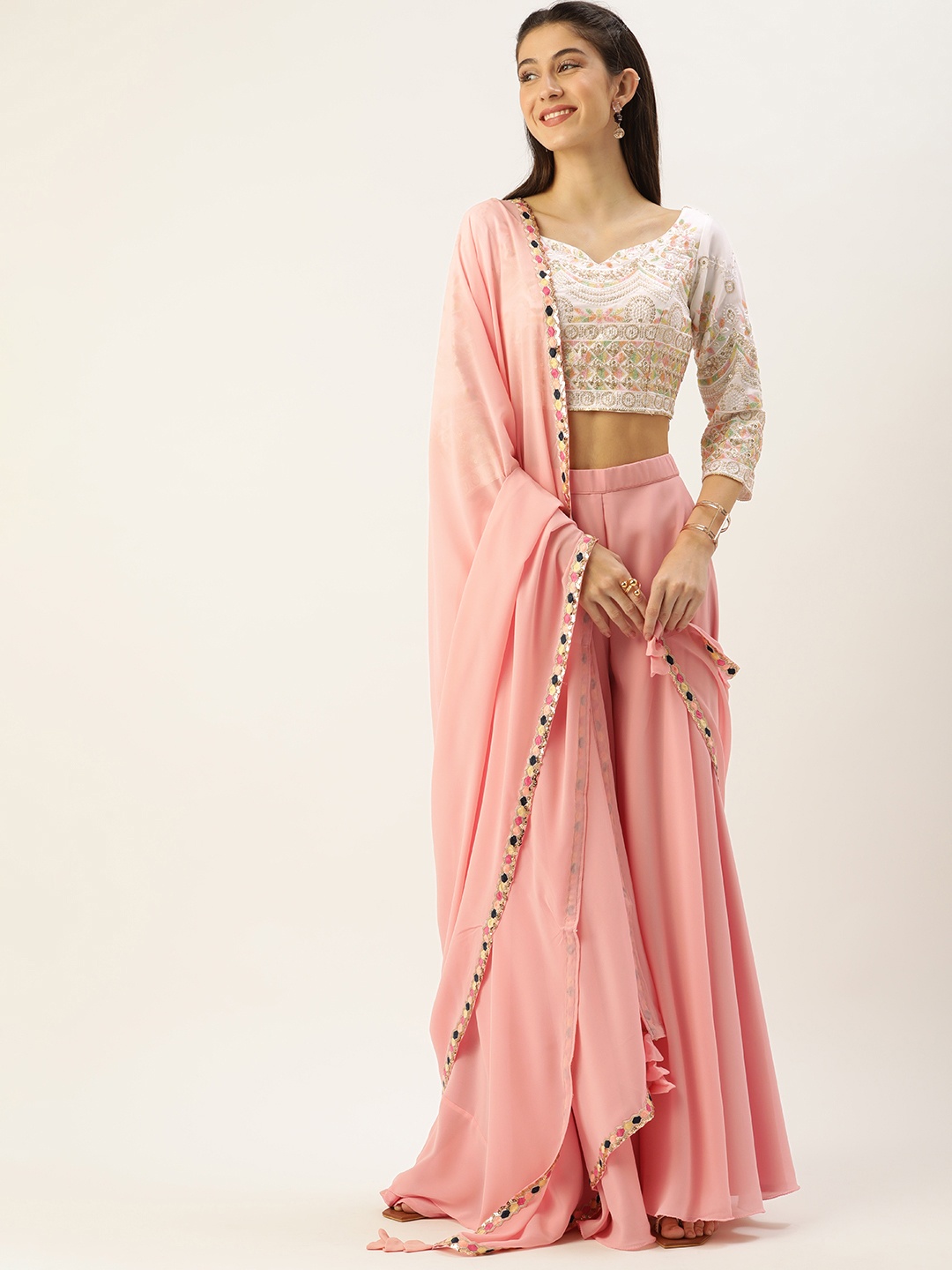 

Ethnovog Women White Pink Ethnic Motifs Sequinned Top with Palazzos With Dupatta