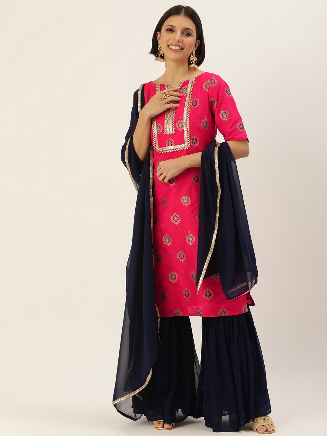 

Ethnovog Women Fuchsia Ethnic Motifs Printed Gotta Patti Kurta with Gharara Dupatta