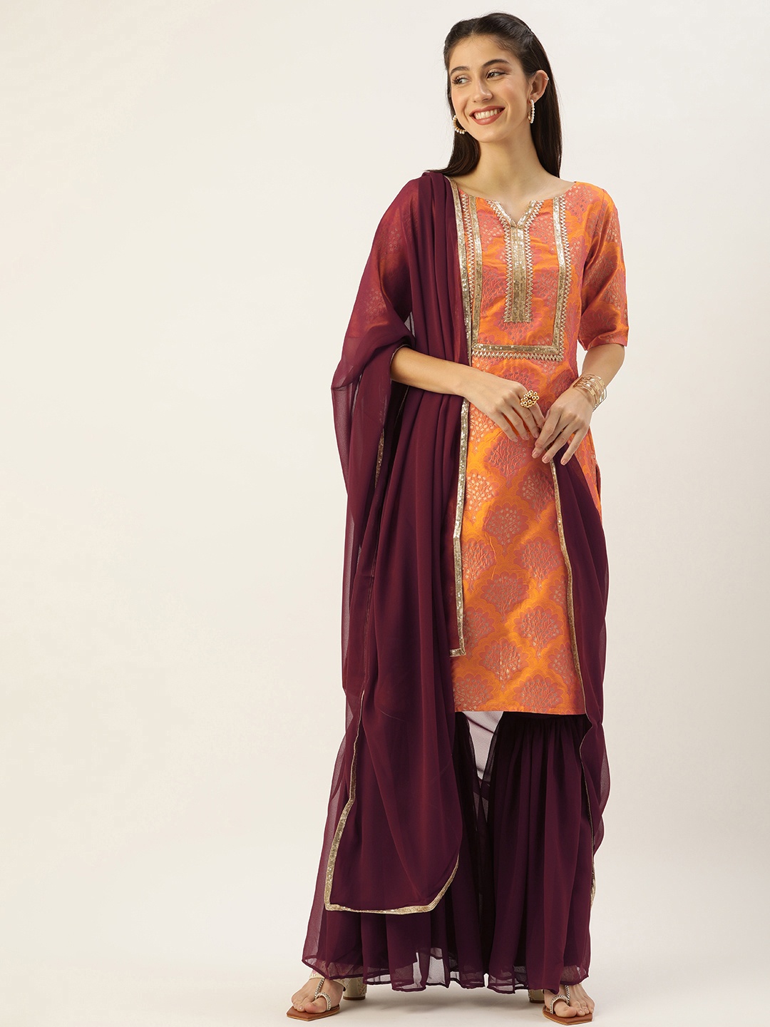 

Ethnovog Women Mustard Yellow Floral Gotta Patti Kurta with Palazzos Dupatta