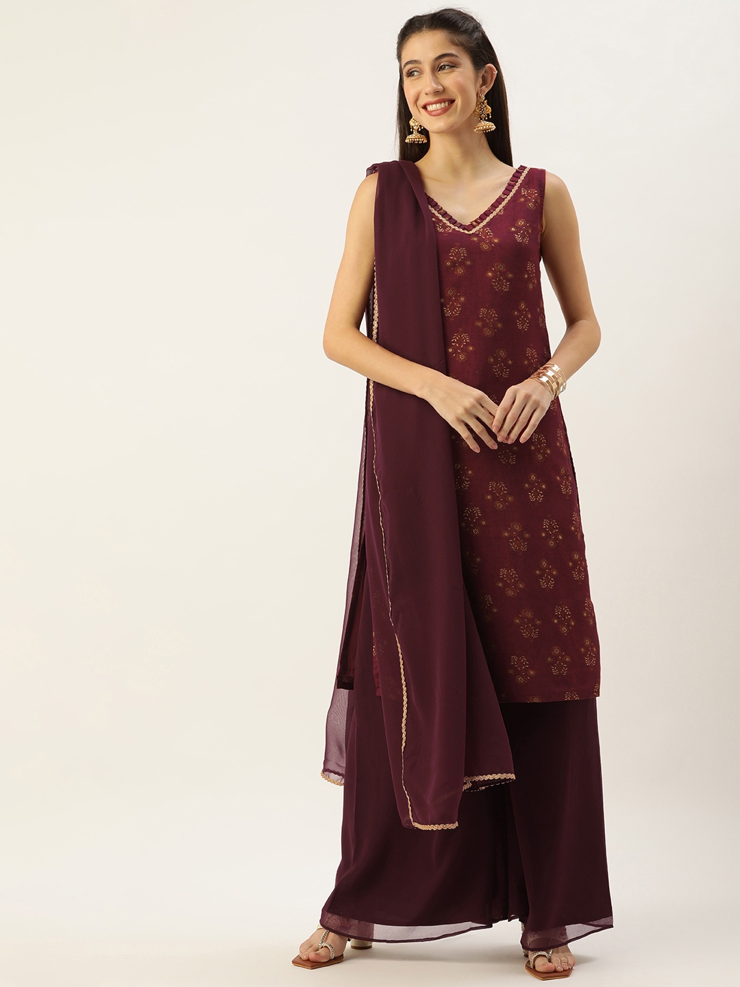 

Ethnovog Women Maroon Floral Printed Kurta with Palazzos