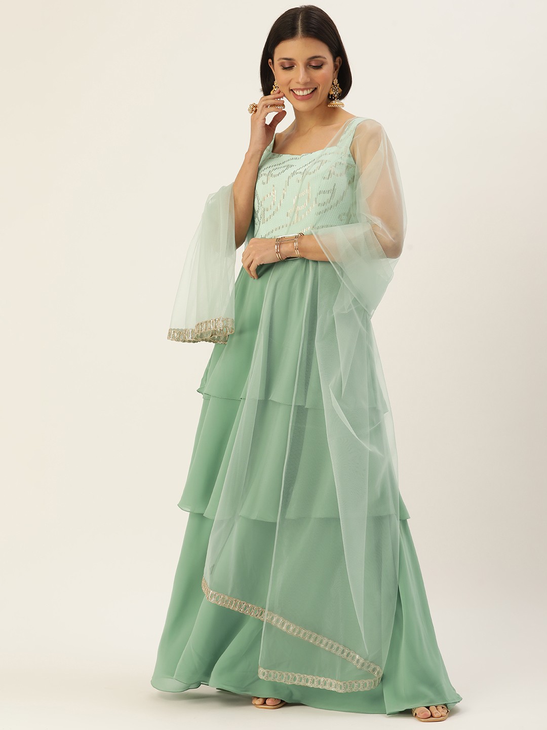 

Ethnovog Women Green Layered Sequinned Kurta with Palazzos With Dupatta