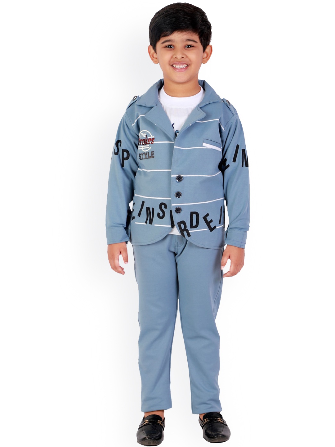 

FOURFOLDS Boys Blue & White Pack Of 3 Printed Coat with Trousers & With Tshirt