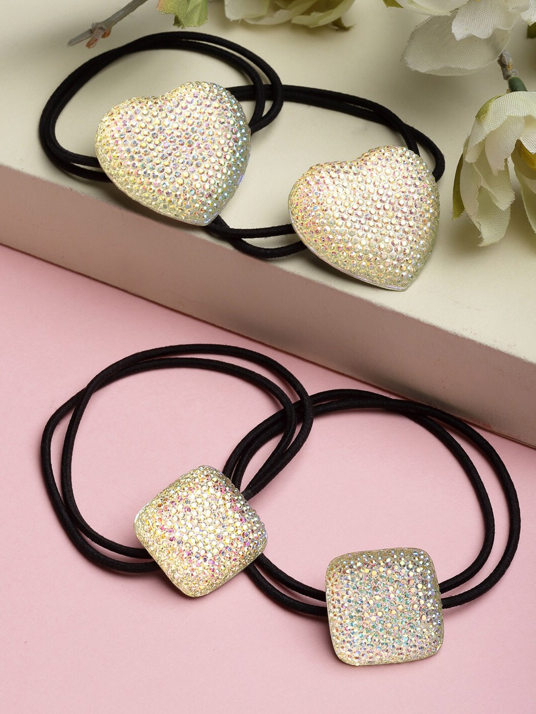 

VOGUE PANASH Women White & Black Pack of 4 Embellished Ponytail Holders, Gold
