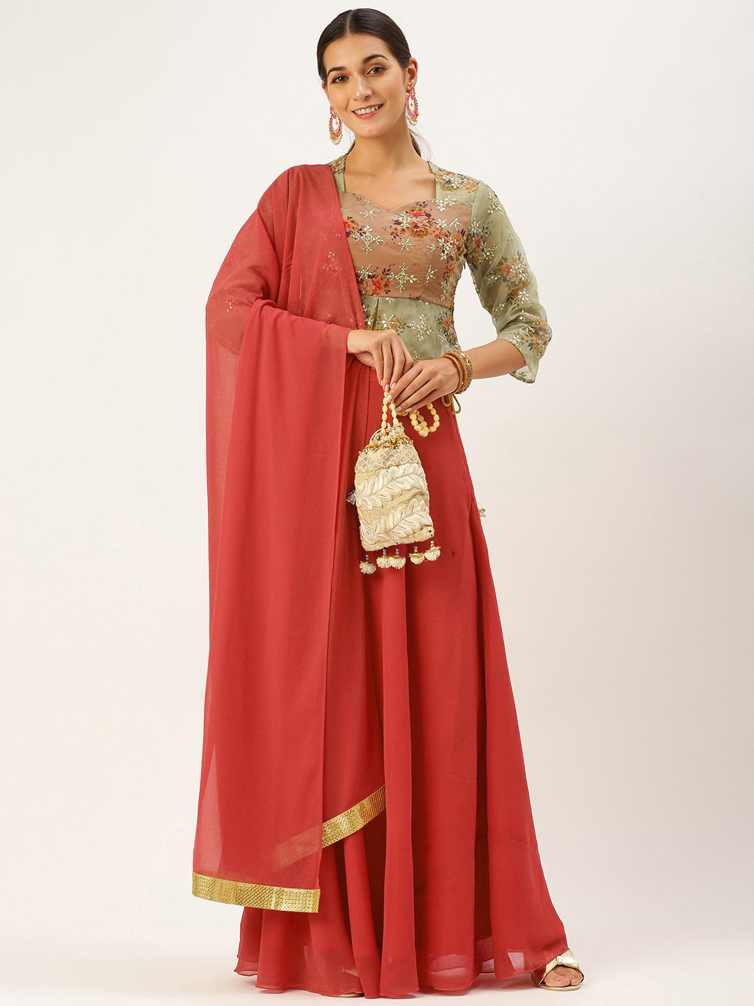 

Ethnovog Green Red Printed Sequinned Made to Measure Lehenga Blouse With Dupatta