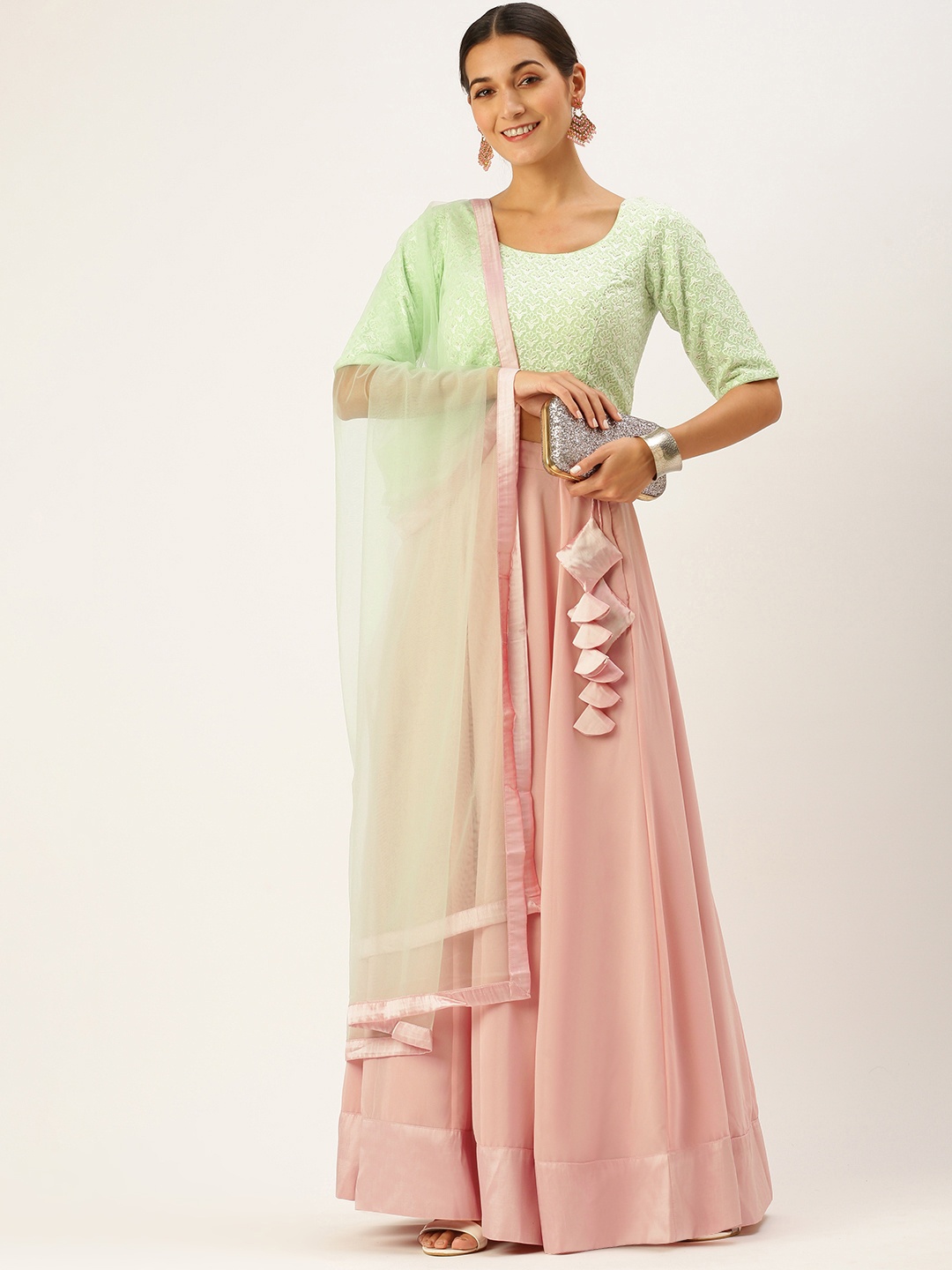 

Ethnovog Green Pink Embroidered Made to Measure Lehenga Blouse With Dupatta