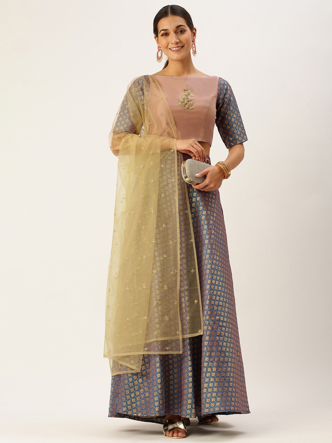 

Ethnovog Mauve Navy Blue Sequinned Made to Measure Lehenga Blouse With Dupatta