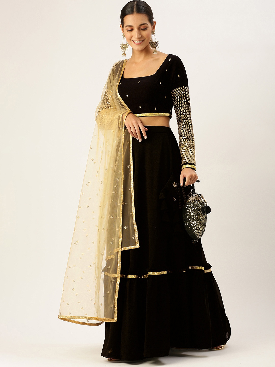 

Ethnovog Black Beige Sequinned Made to Measure Lehenga Blouse With Dupatta