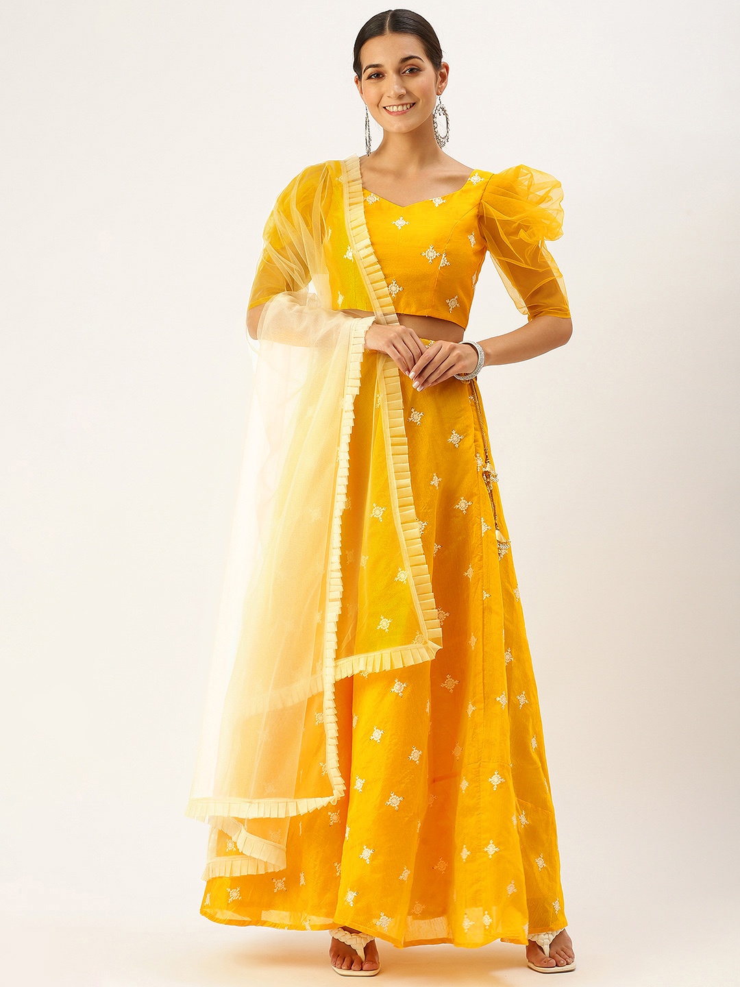 

Ethnovog Mustard Yellow Off White Sequinned Silk Cotton Made to Measure Lehenga Set