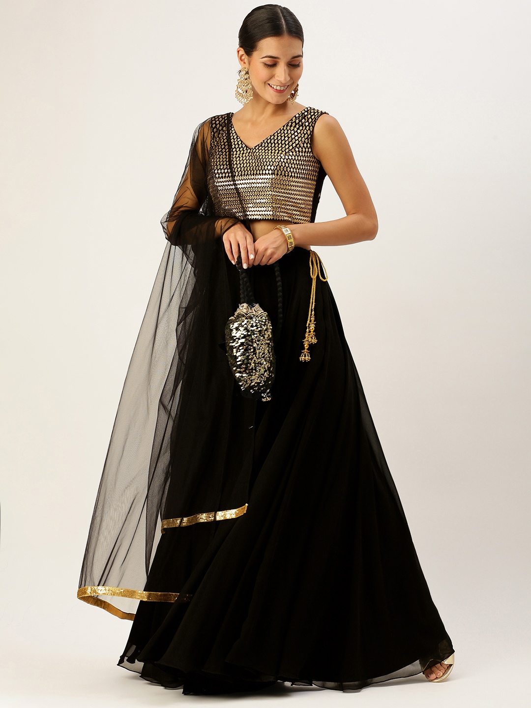 

Ethnovog Black Sequinned Made to Measure Lehenga Blouse With Dupatta