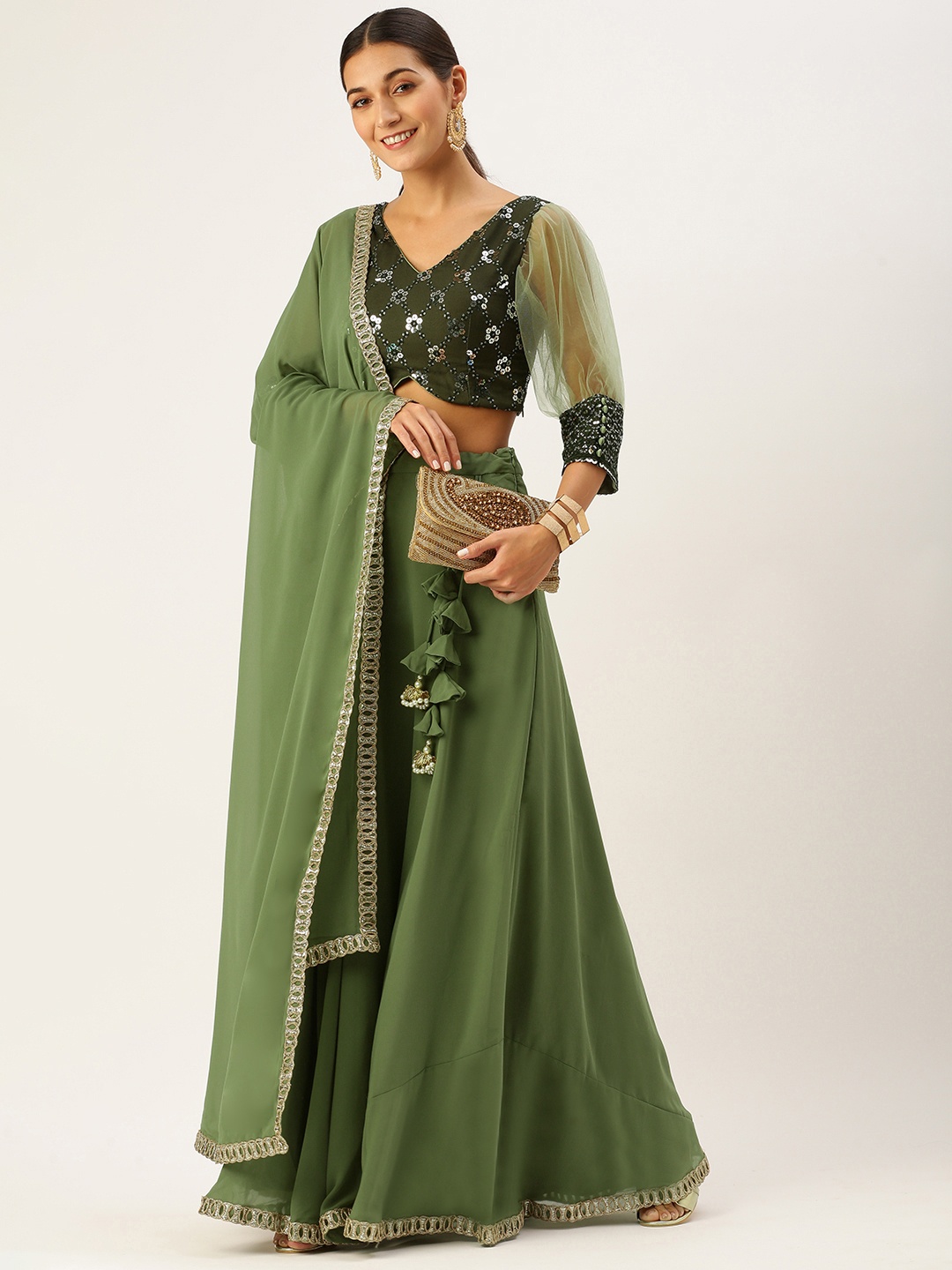

Ethnovog Olive Green Embellished Sequinned Made to Measure Lehenga Blouse With Dupatta