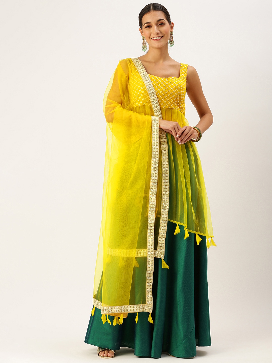 

Ethnovog Yellow Green Embroidered Sequinned Made to Measure Lehenga Blouse With Dupatta
