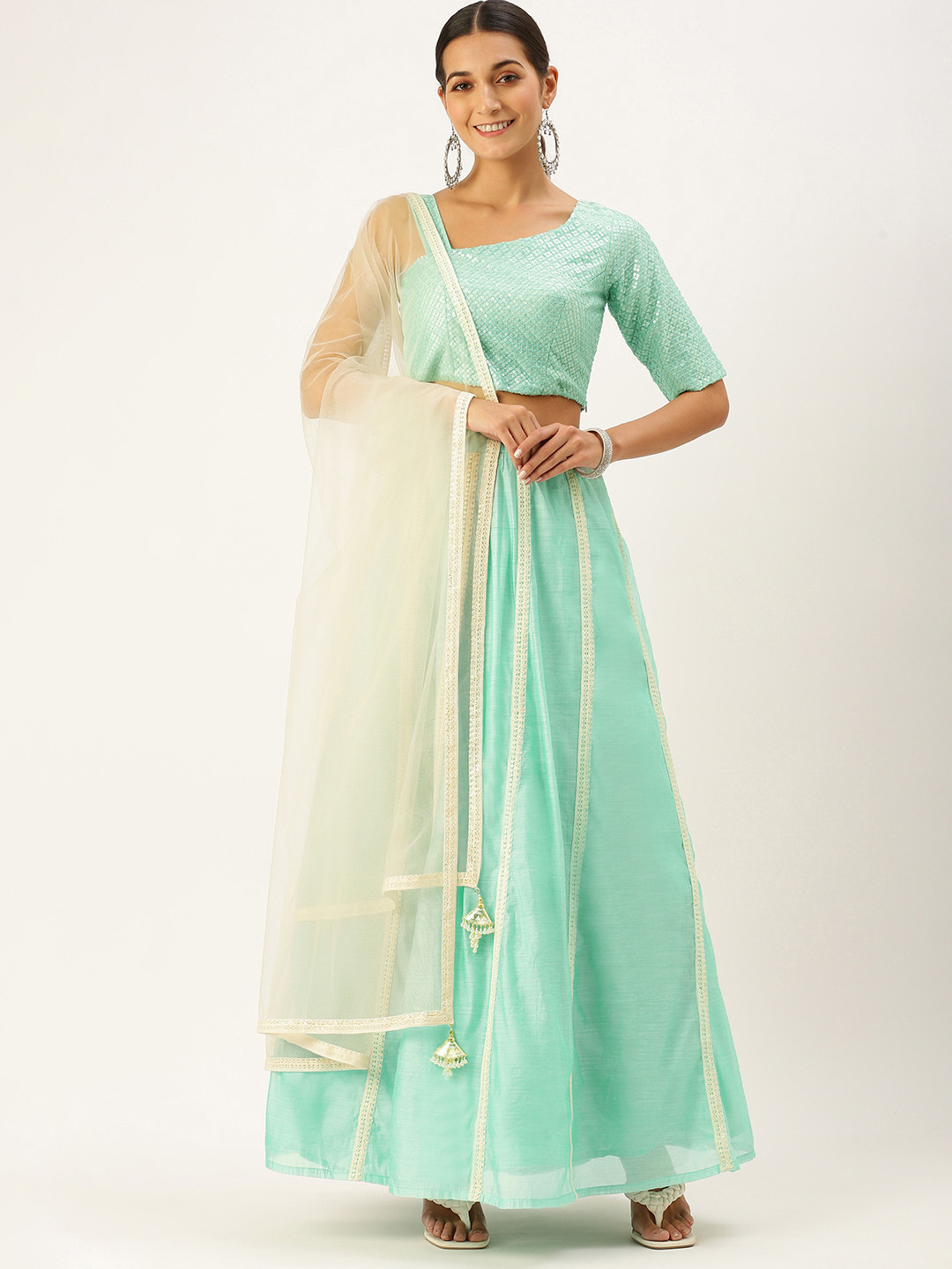 

Ethnovog Blue Off White Sequinned Made to Measure Lehenga Blouse With Dupatta