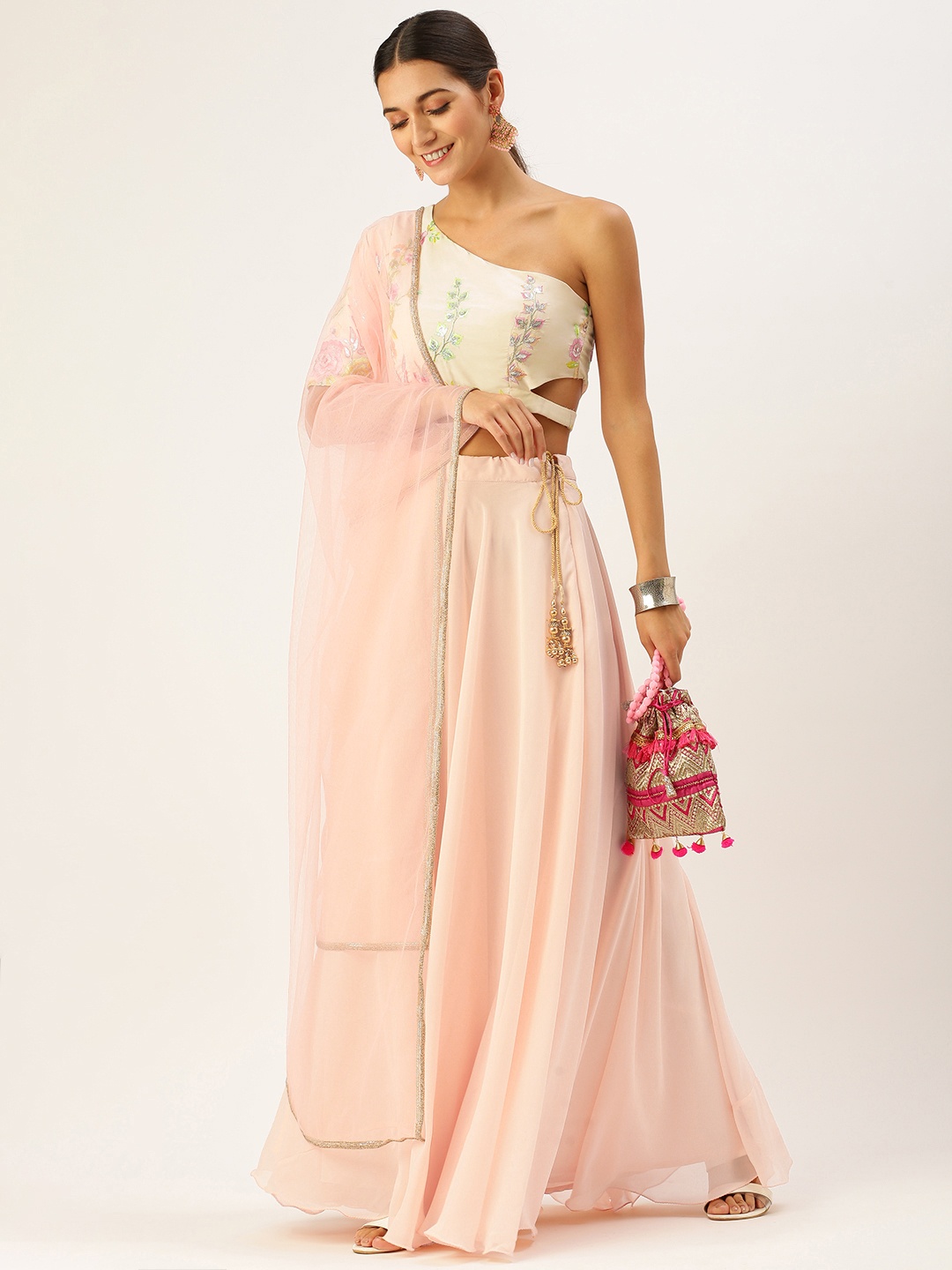 

Ethnovog Peach-Coloured Embroidered Sequinned Made to Measure Lehenga Blouse With Dupatta