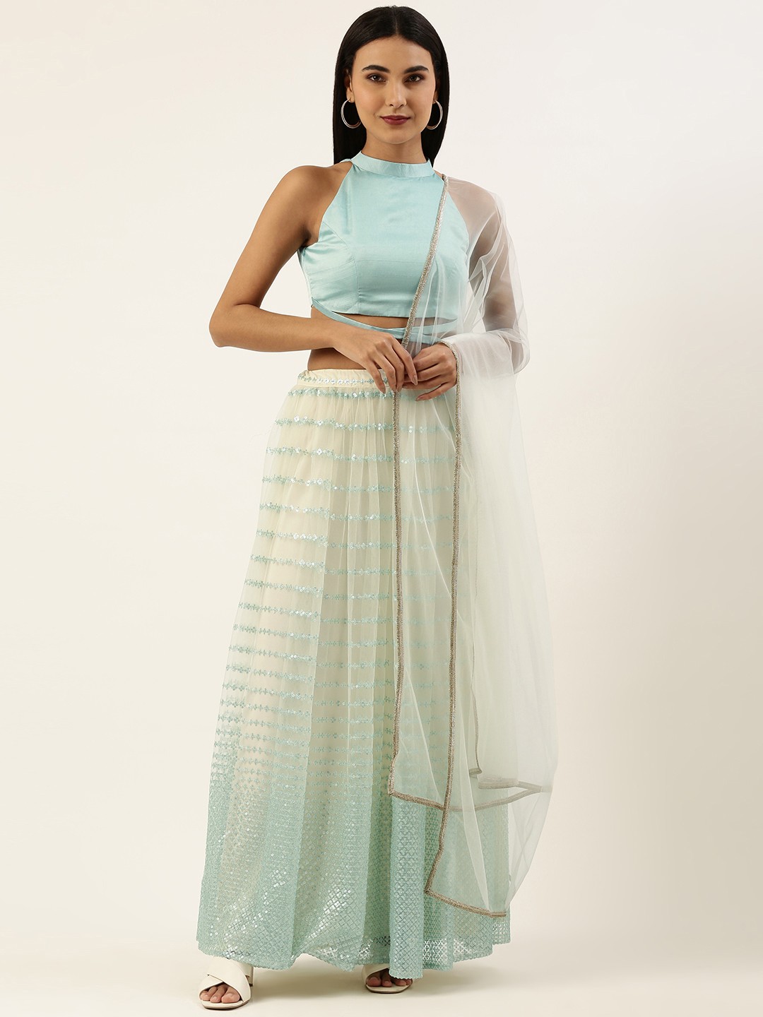 

Ethnovog Green Blue Sequinned Made to Measure Lehenga Blouse With Dupatta