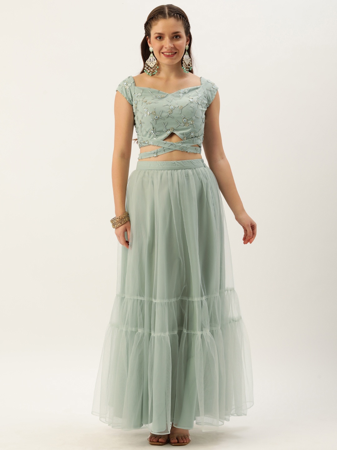 

Ethnovog Sage Green Gold Sequinned Made to Measure Lehenga Blouse With Dupatta