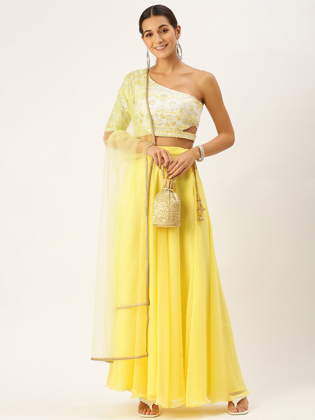 

Ethnovog White Yellow Sequinned Made to Measure Lehenga Blouse With Dupatta