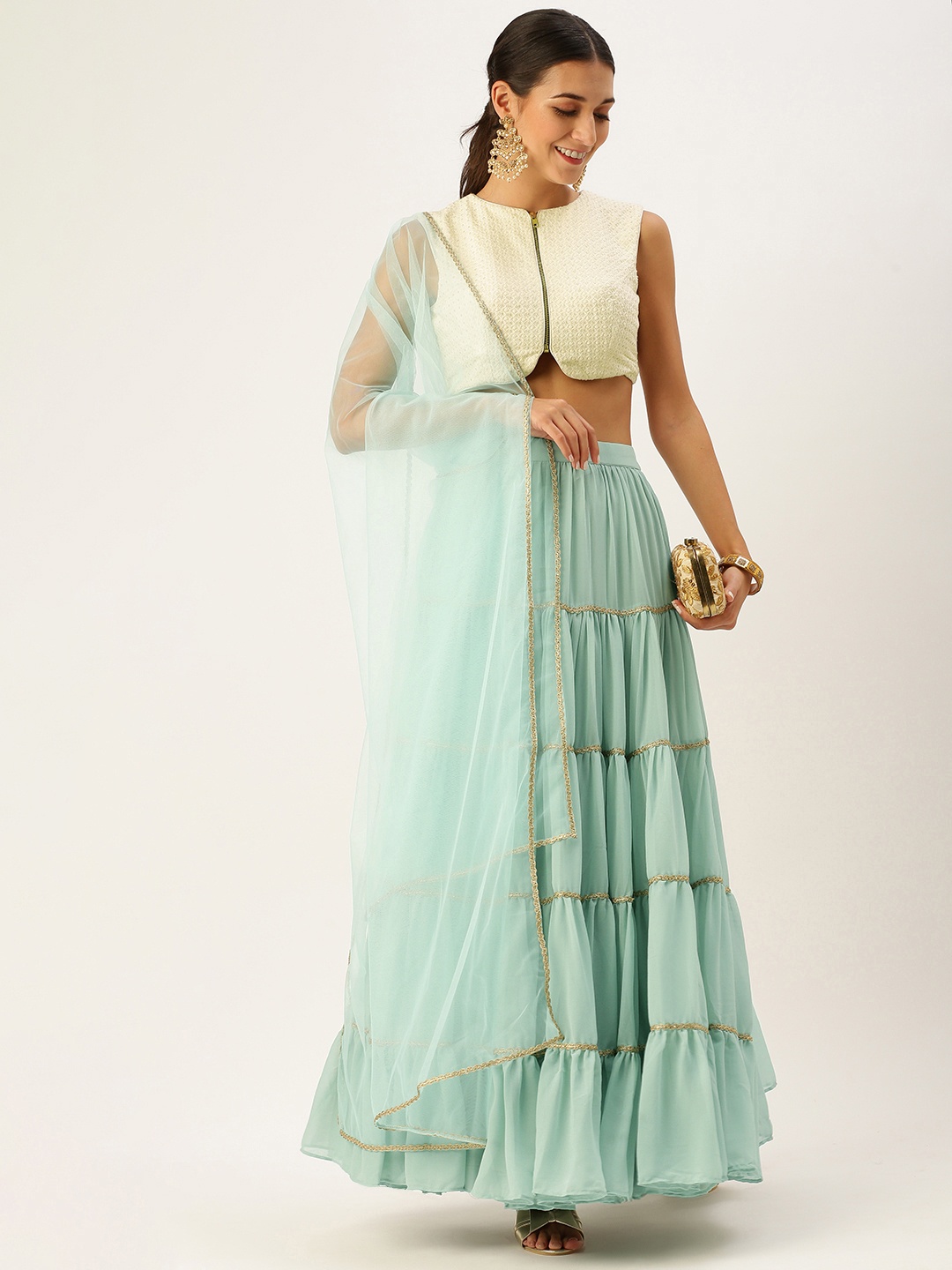 

Ethnovog White Blue Embroidered Made To Measure Blouse With Tiered Lehenga Set