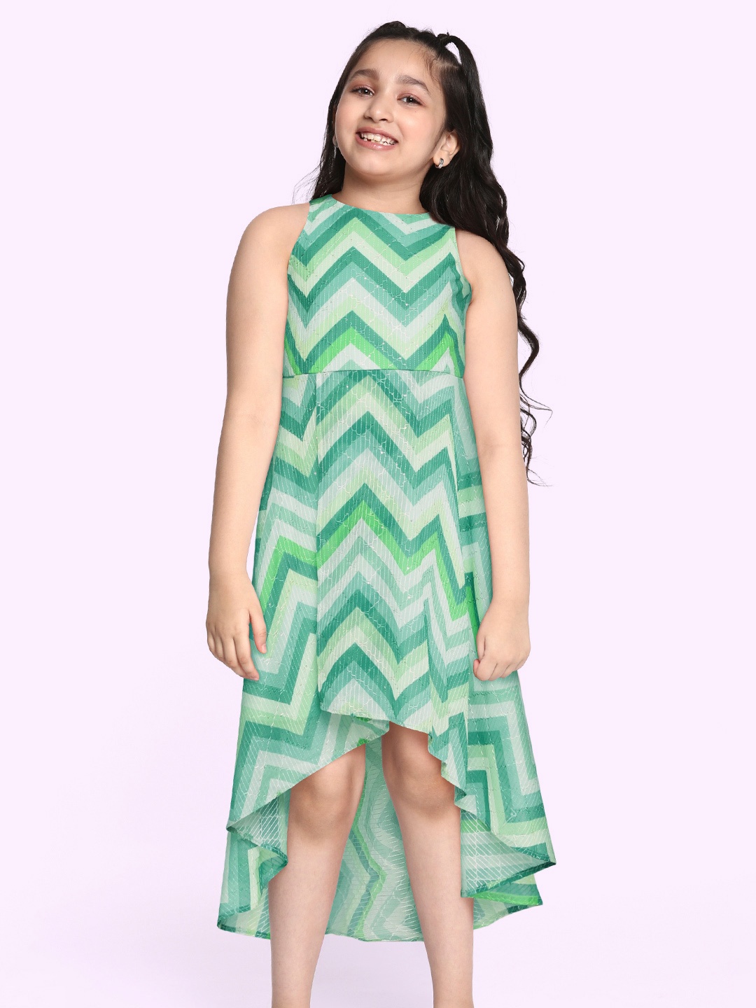 

Ethnovog Girls Green Made to Measure Chevron Printed A-Line Midi Dress
