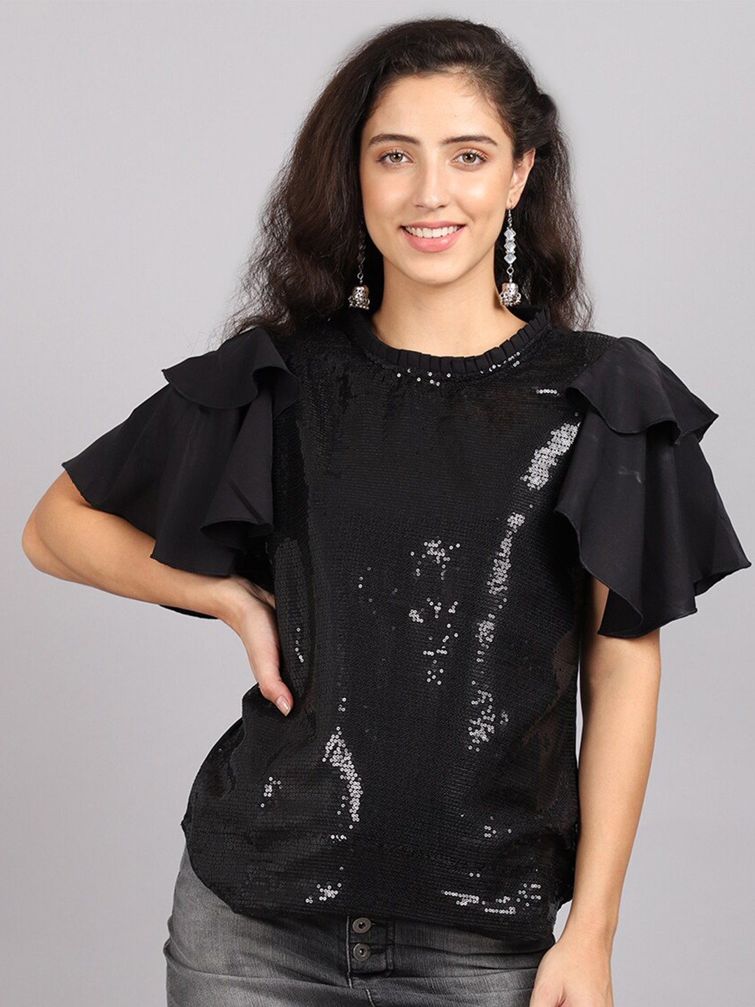 

MARC LOUIS Black Embellished Crepe Top