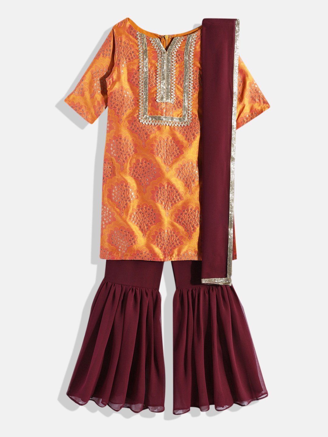 

Ethnovog Girls Mustard Yellow Ethnic Motifs Gotta Patti Kurta with Sharara With Dupatta