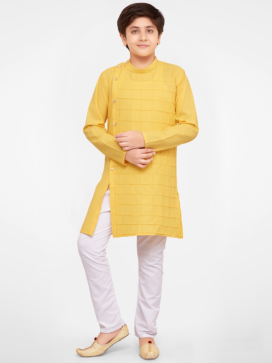 

Jeetethnics Boys Yellow Angrakha Kurta with Churidar