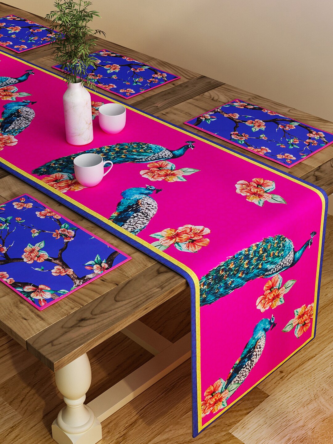 

SEJ by Nisha Gupta Set of 6 Pink Printed Cotton Table Placemats and Runner