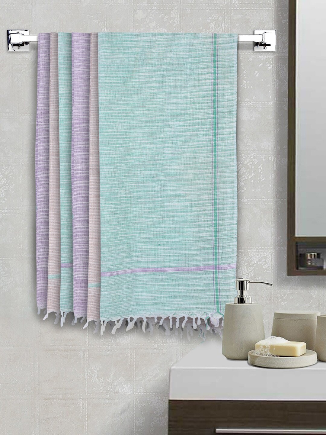 

KLOTTHE Set of 6 Sea Green & Purple 120 GSM Striped Cotton Bath Towels