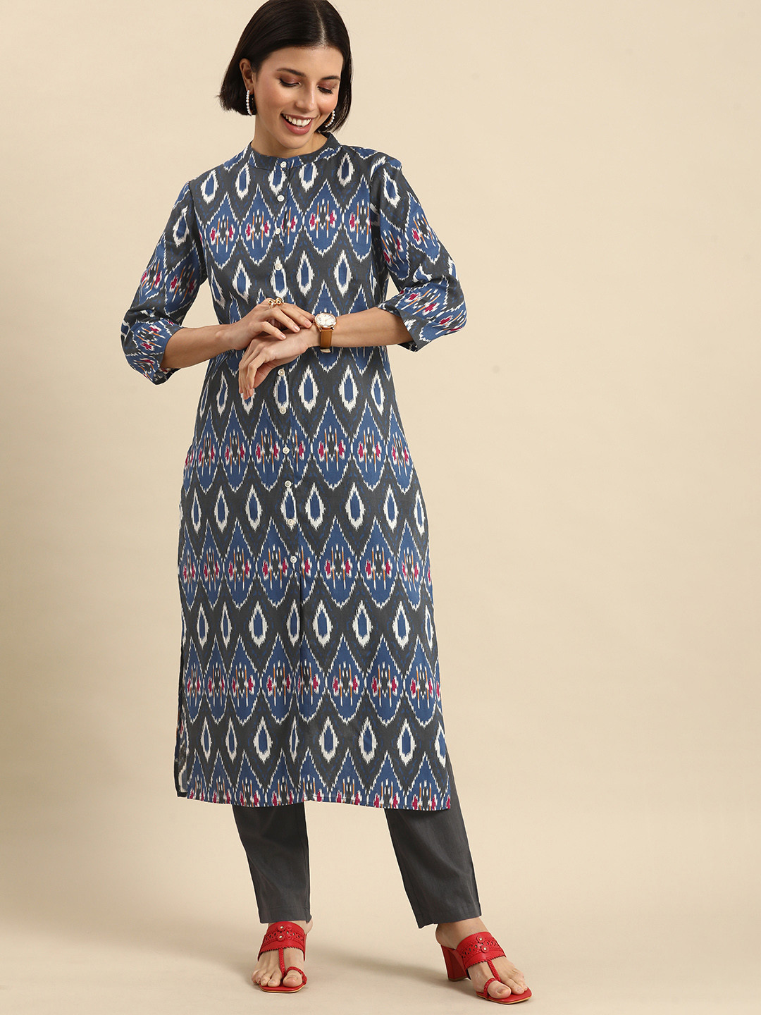 

Anouk Women Blue & Grey Printed Pure Cotton Kurta with Trousers