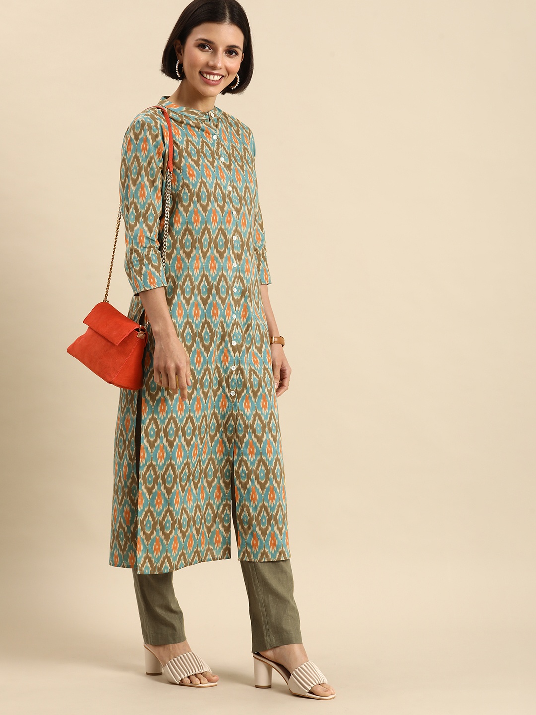 

Anouk Women Green & Blue Printed Pure Cotton Kurta with Trousers