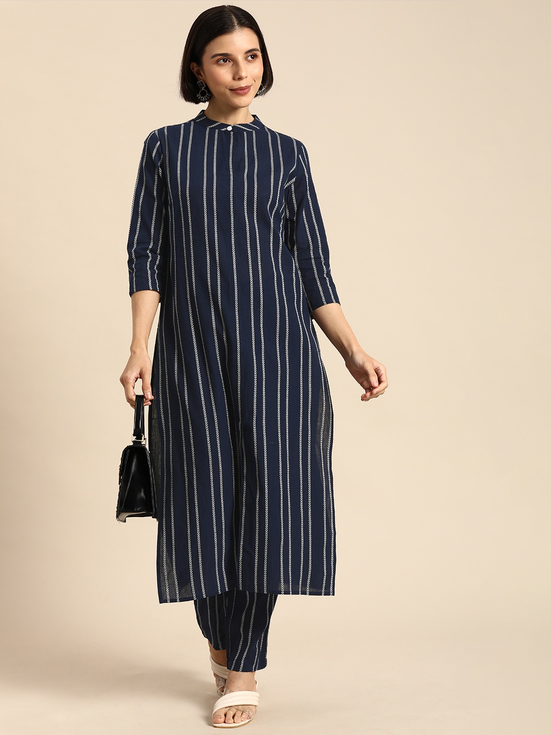 

Anouk Women Navy Blue Striped Kurta with Trousers