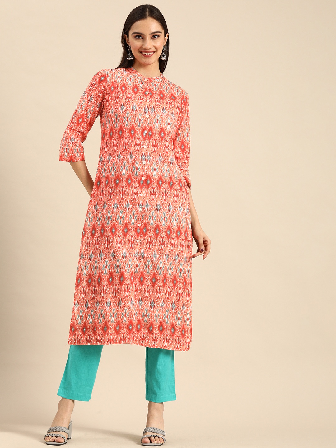 

Anouk Women Orange Ethnic Motifs Printed Pure Cotton Kurta with Trousers