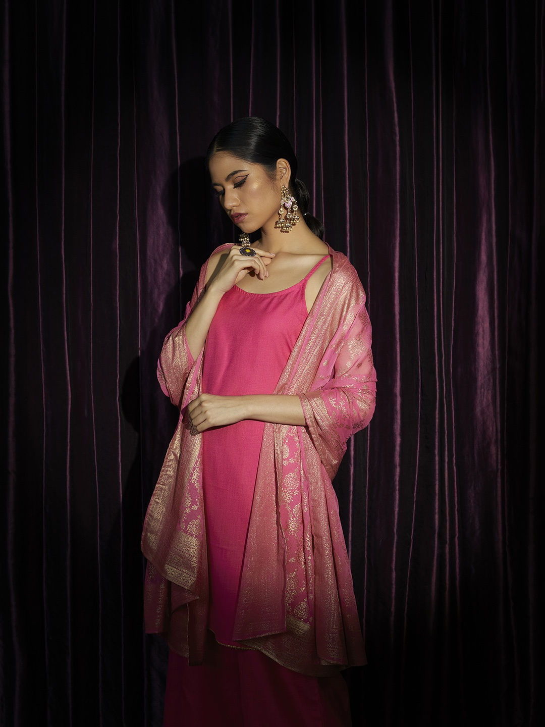 

Anouk Women Pink Kurta with Palazzos & With Dupatta