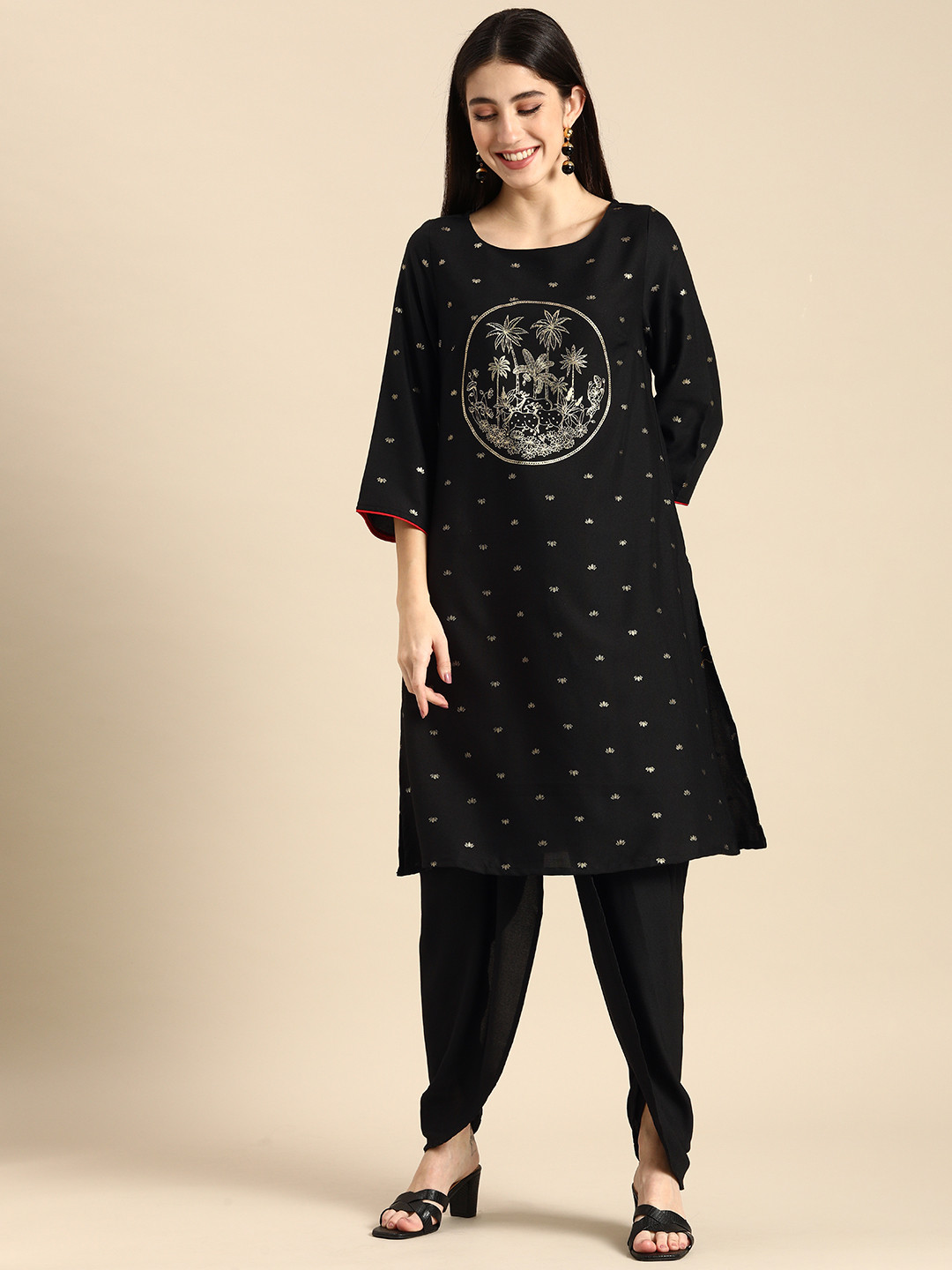 

Anouk Women Black Ethnic Motifs Printed Kurta with Dhoti Pants