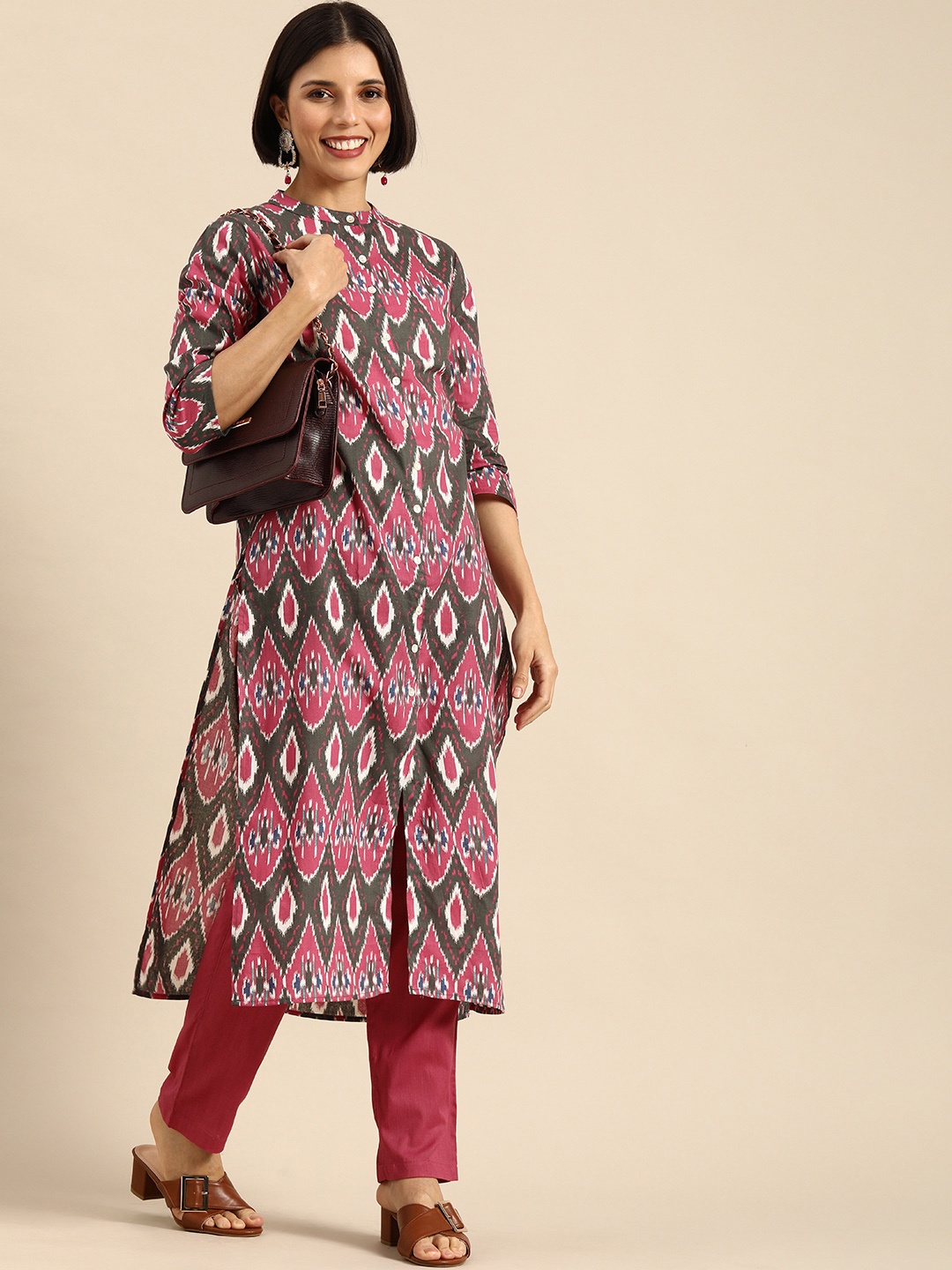 

Anouk Women Grey Ethnic Motifs Printed Pure Cotton Kurta with Trousers