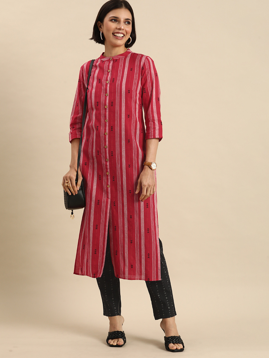 

Anouk Women Red & Black Striped Pure Cotton Kurta with Trousers
