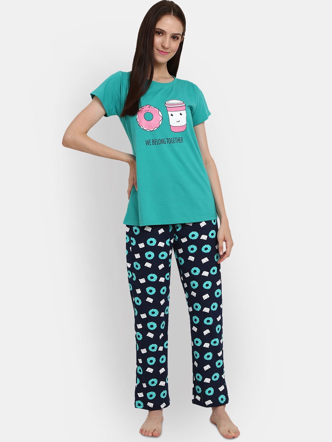 

V-Mart Women Blue & Green Printed Round Neck Night suit-514312-14019-LightBlue