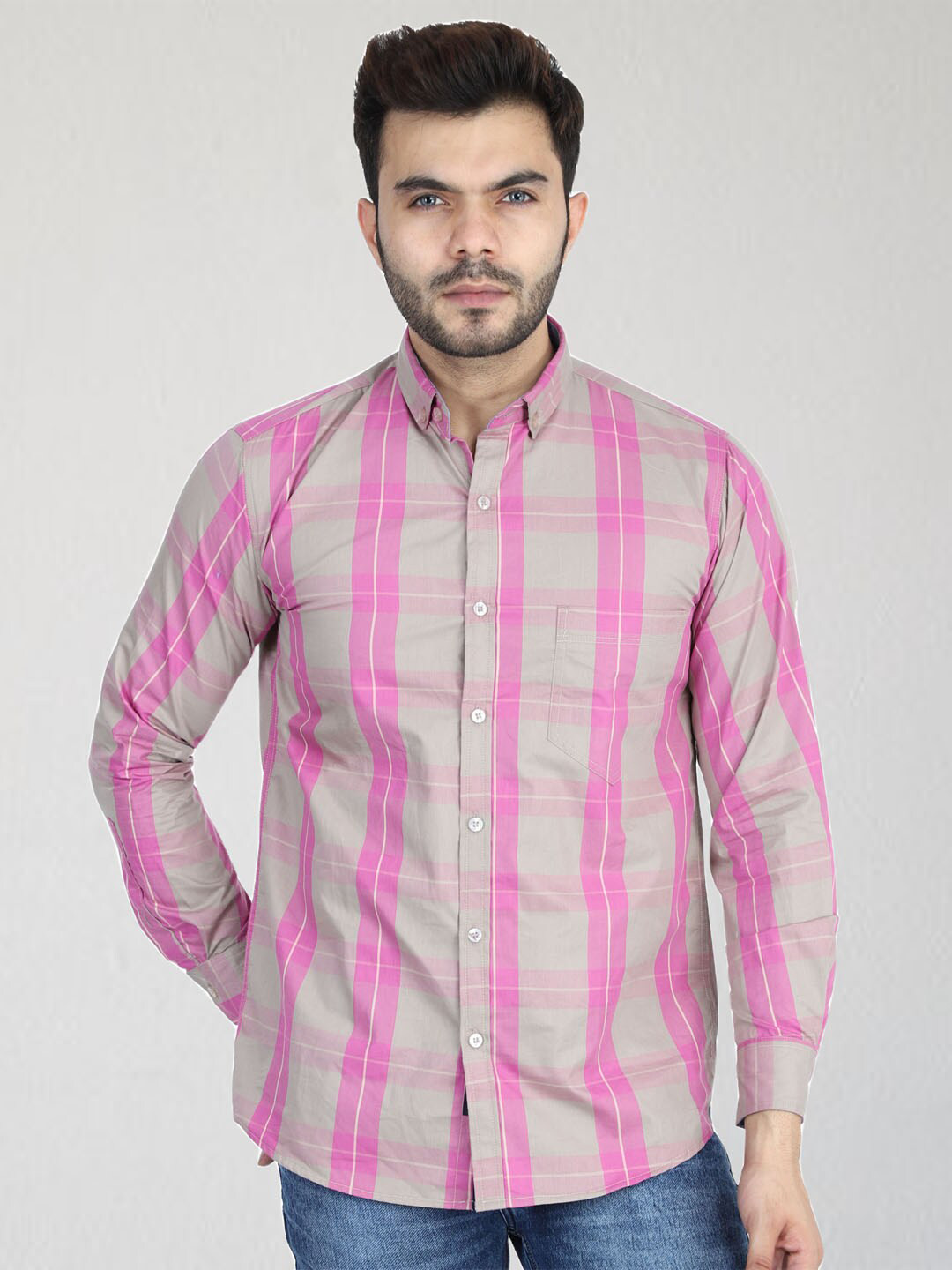 

TAHVO Men Pink Comfort Slim Fit Tartan Checks Checked Casual Shirt