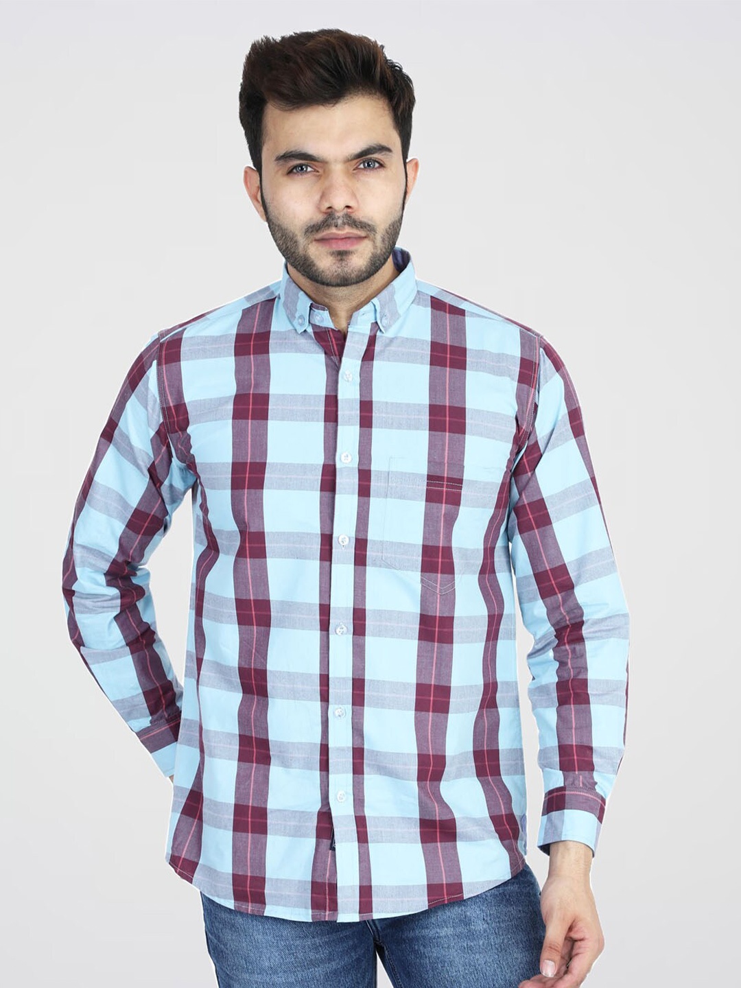 

TAHVO Men Blue Comfort Slim Fit Tartan Checks Checked Casual Shirt