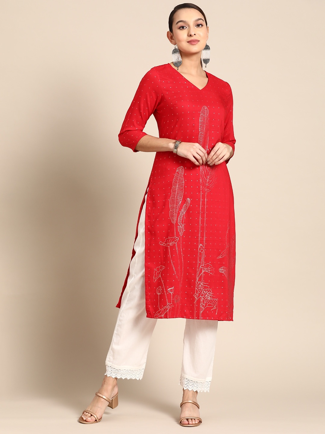 

Anouk Ethnic Motifs Printed V-Neck Kurta, Red