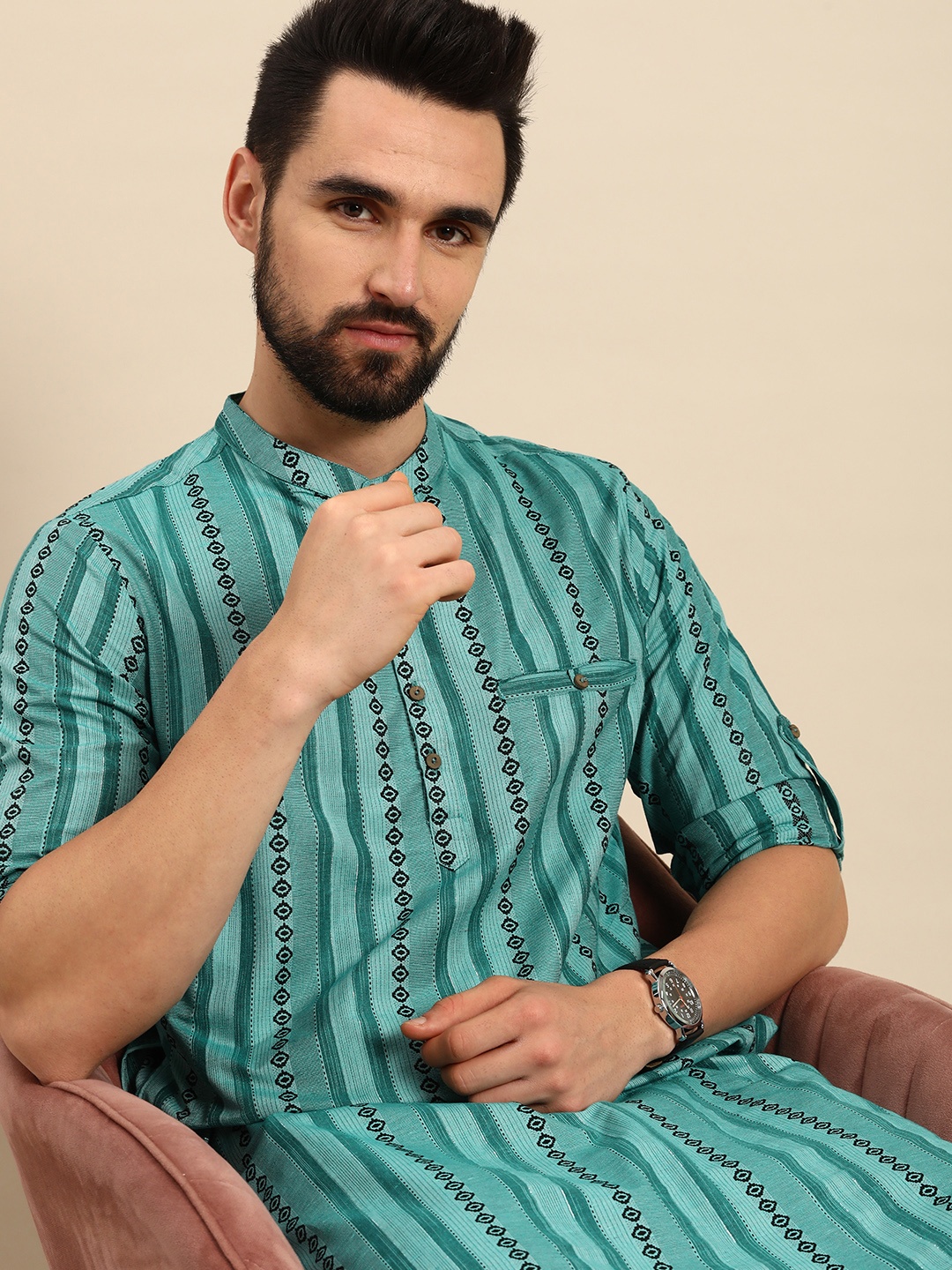 

Anouk Men Teal Blue & Black Woven Design Kurta
