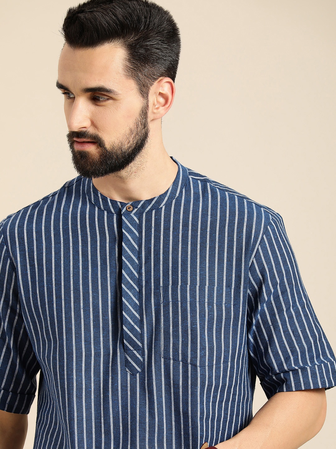 

Anouk Men Navy Blue & White Striped Indigo Kurta