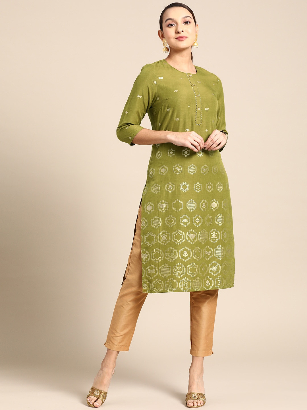 

Anouk Ethnic Motifs Printed Straight Kurta, Olive