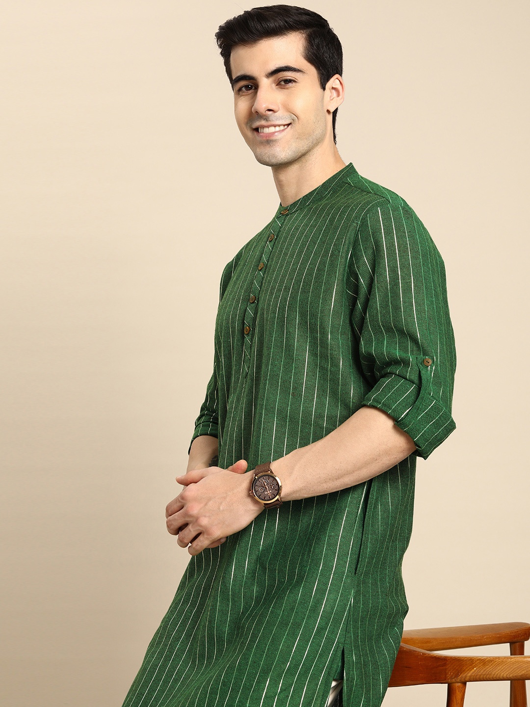 

Anouk Men Green & Silver-Toned Zari Striped Kurta