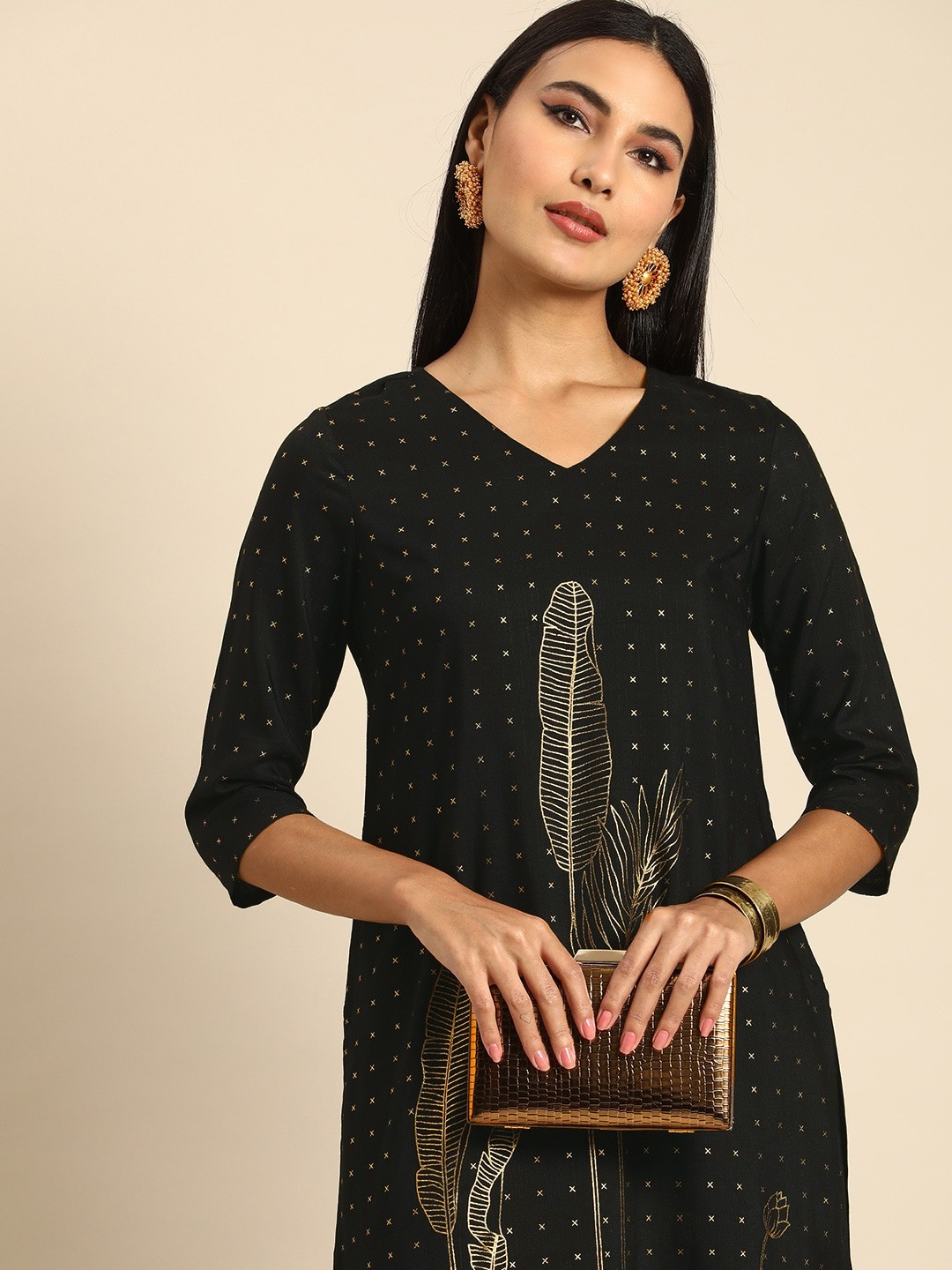 

Anouk Women Black V-Neck Tribal Print A-Line Kurta