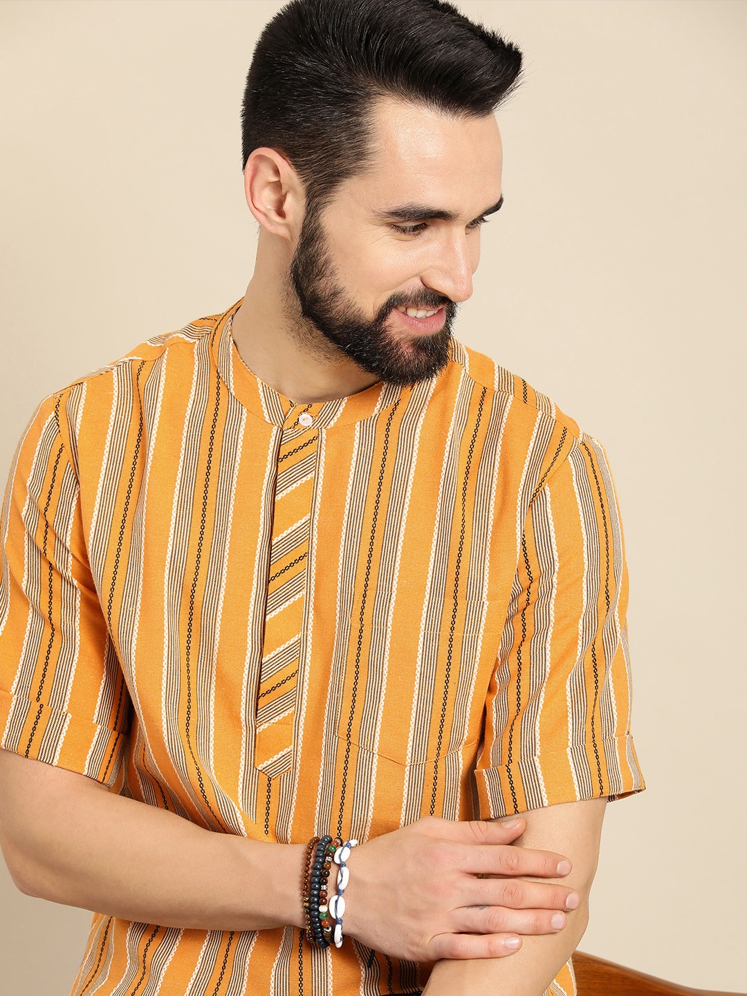 

Anouk Men Mustard Yellow Striped Kurta