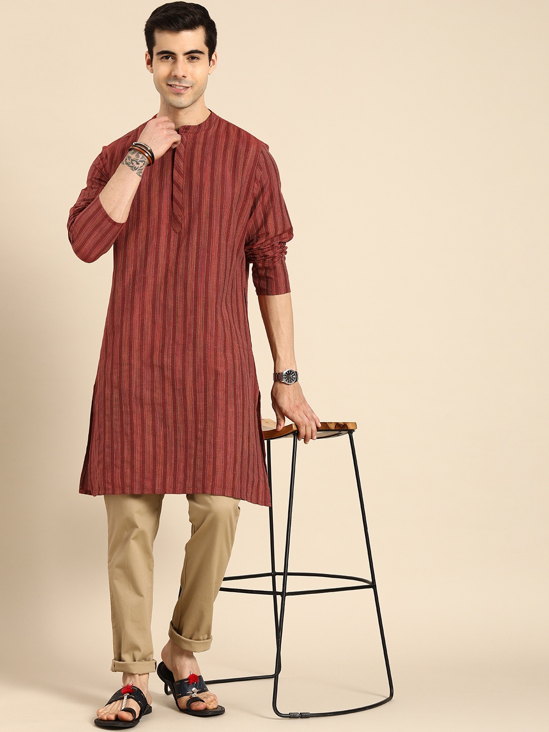 

Anouk Men Maroon Striped Straight Kurta