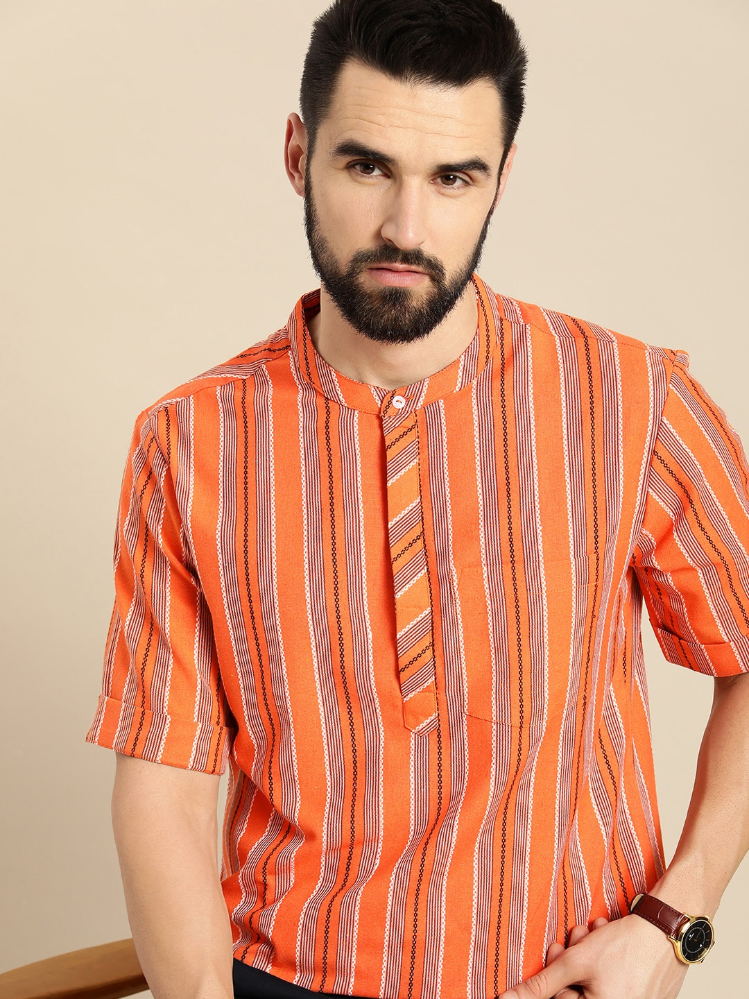 

Anouk Men Orange & Black Striped Kurta