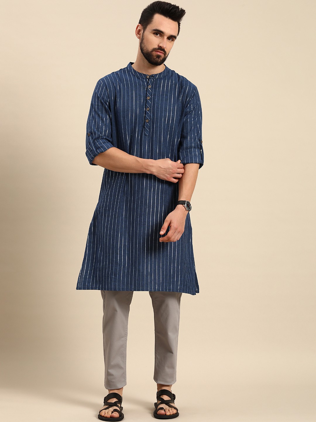 

Anouk Men Navy Blue & White Striped Kurta