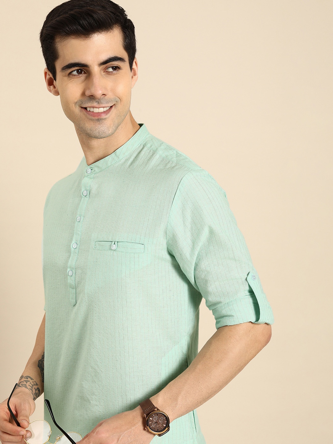 

Anouk Men Blue & Silver-Toned Zari Striped Kurta